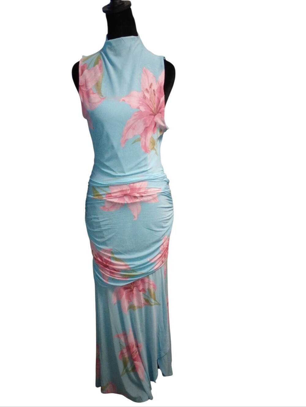 Sincerely Jules Sleeveless Sky Blue Floral Maxi Dress with Pink Lily Print, NWT